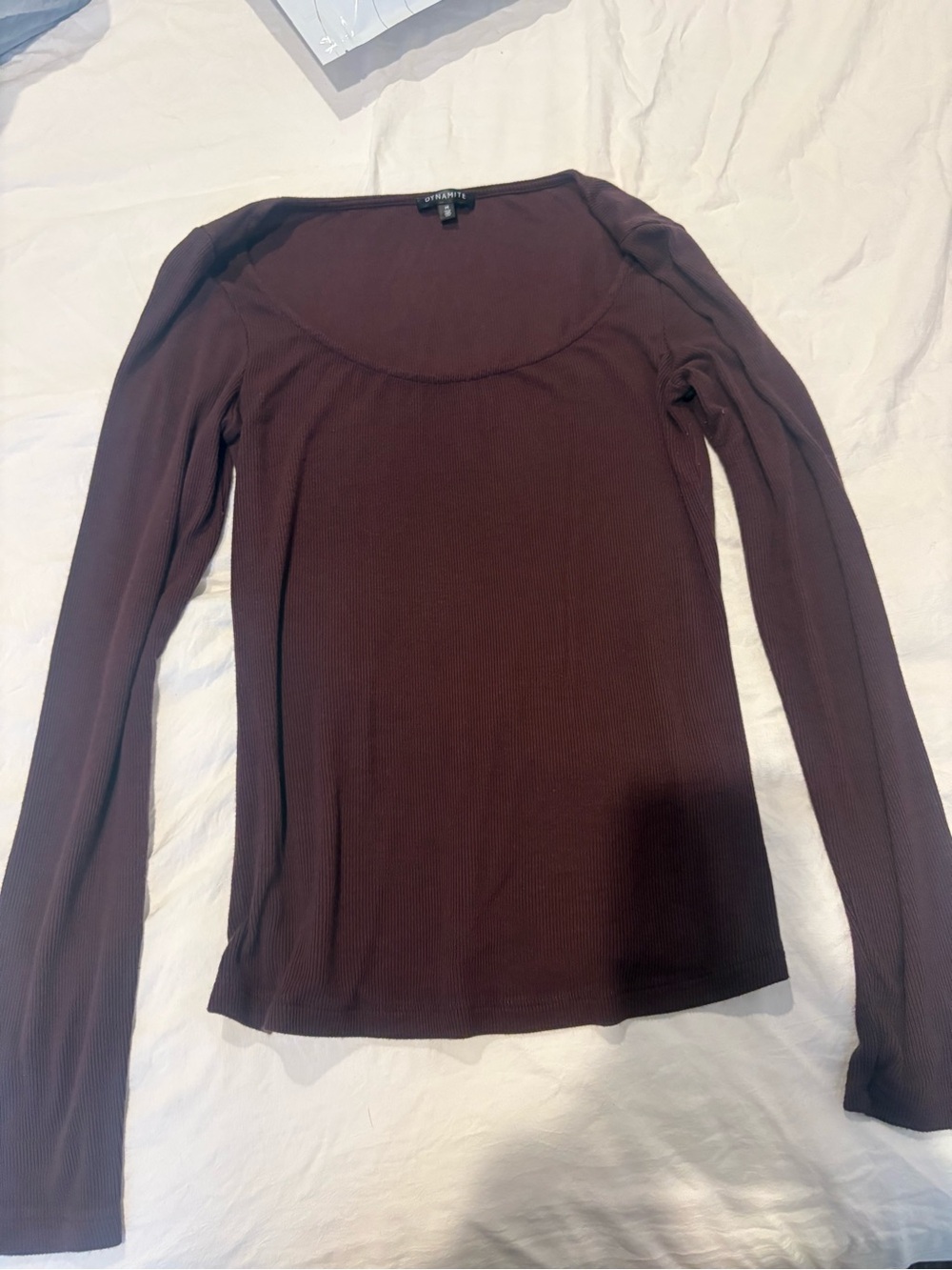 Dynamite Ribbed Long Sleeve Scoop Neck Top - Dark Brown
